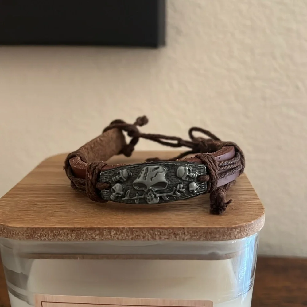 Leather Skull and Rose Bracelet